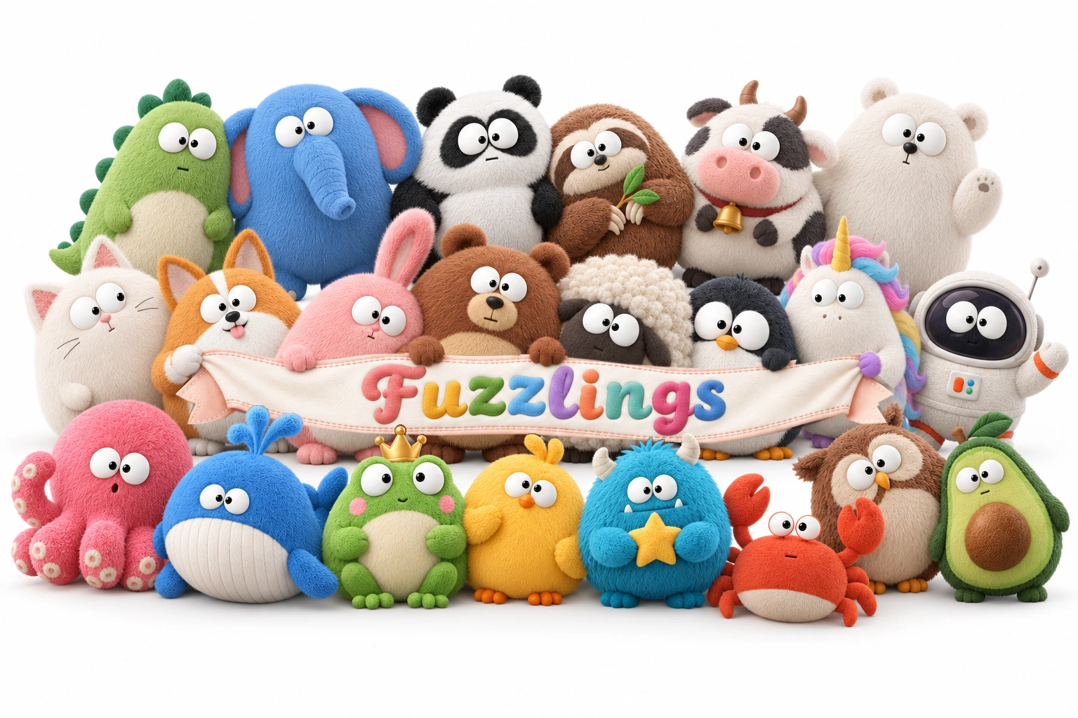 A family portrait of all 22 Fuzzlings