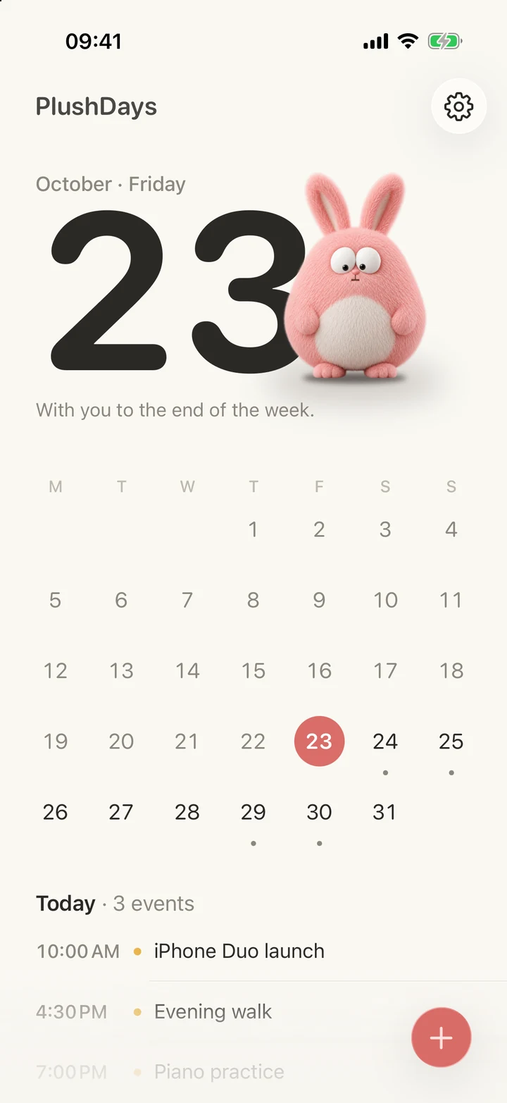 PlushDays expanded month calendar with example events