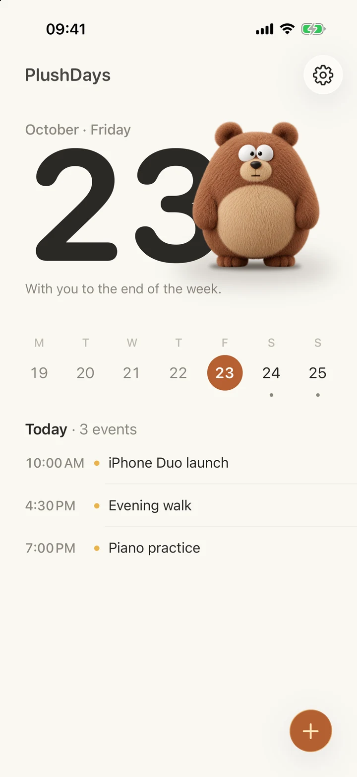PlushDays today view with Bruno, the date, and three example events