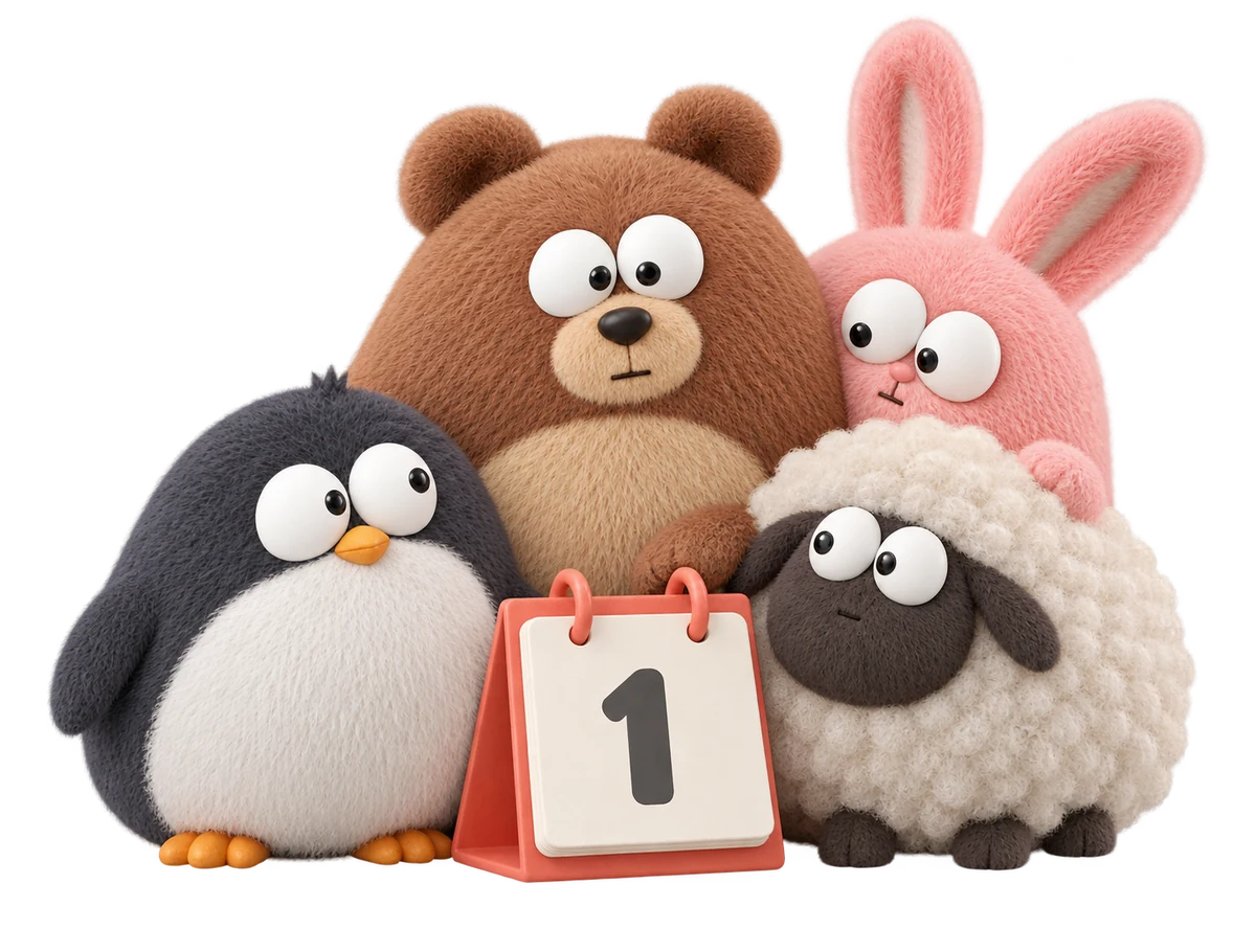 Four plush friends gathered around a little desk calendar